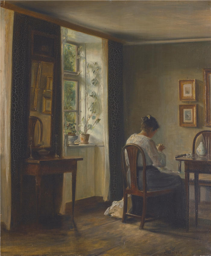 卡尔·霍尔索（Carl Holsøe，丹麦画家）高清作品-《女裁缝在室内缝制》