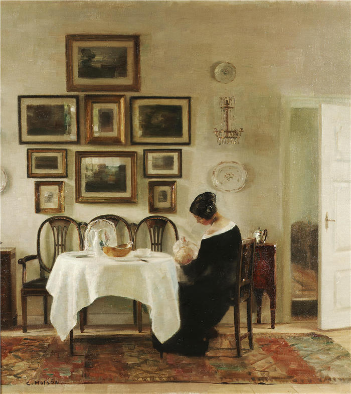 卡尔·霍尔索（Carl Holsøe，丹麦画家）高清作品-《母亲和孩子在餐厅内部》