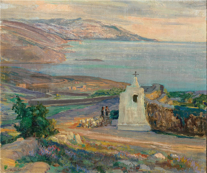 Menci Clement Crnčić （克罗地亚画家）风景高清作品-《带教堂的傍晚海岸景观》