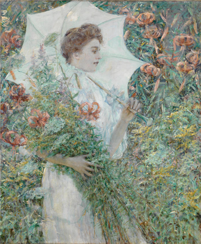 罗伯特·里德（Robert Reid，美国画家）-白色阳伞（约 1907 年）