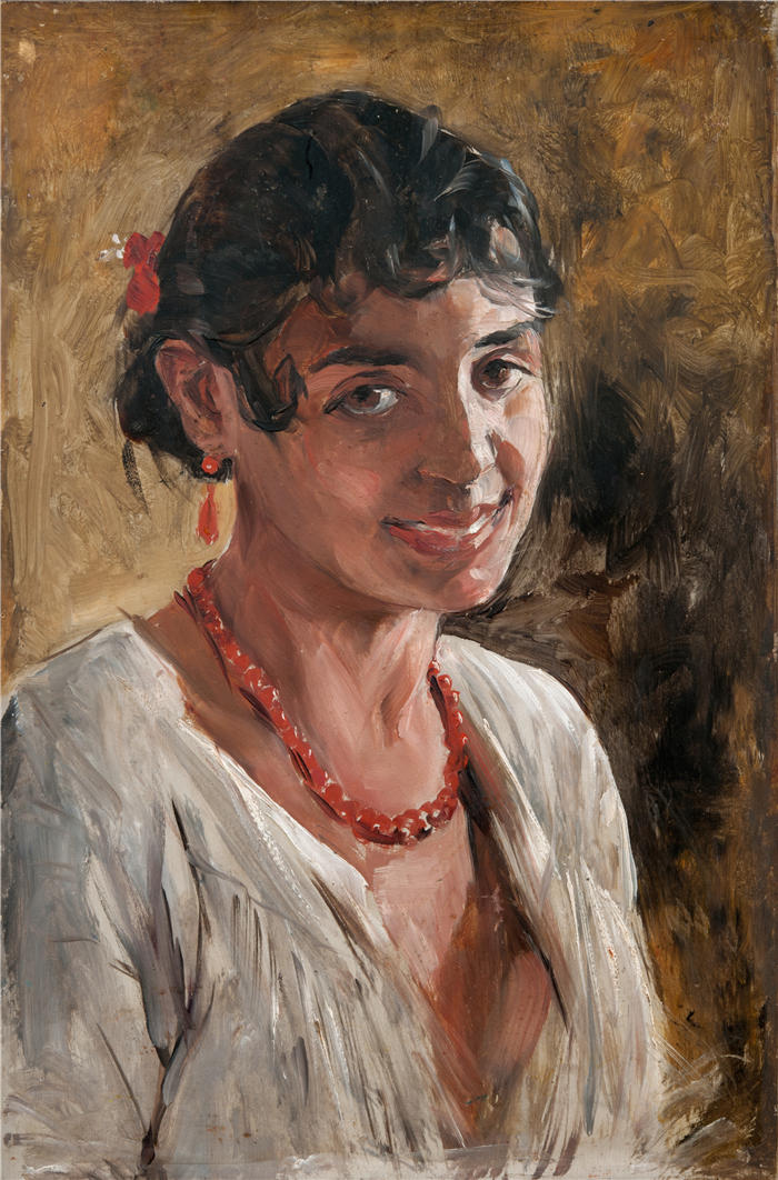 恩斯特·约瑟夫森（Ernst Josephson，瑞典画家）高清作品-《微笑的西班牙女孩，学习（1881 年至 1882 年间）》