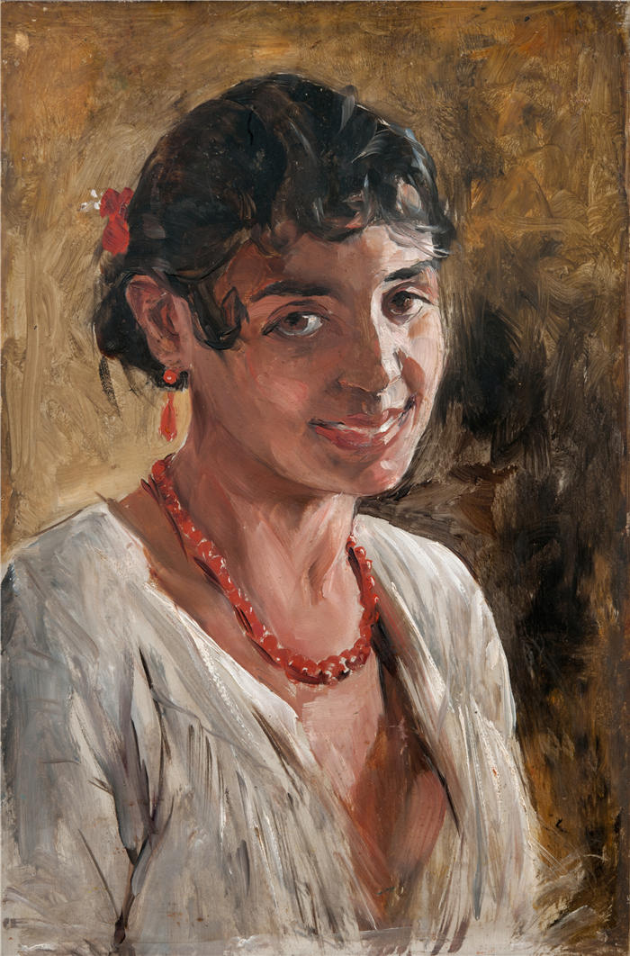 恩斯特·约瑟夫森(Ernst Josephson,瑞典画家)高清作品-《微笑的西班牙女孩,学习(1881 年至 1882 年间)》