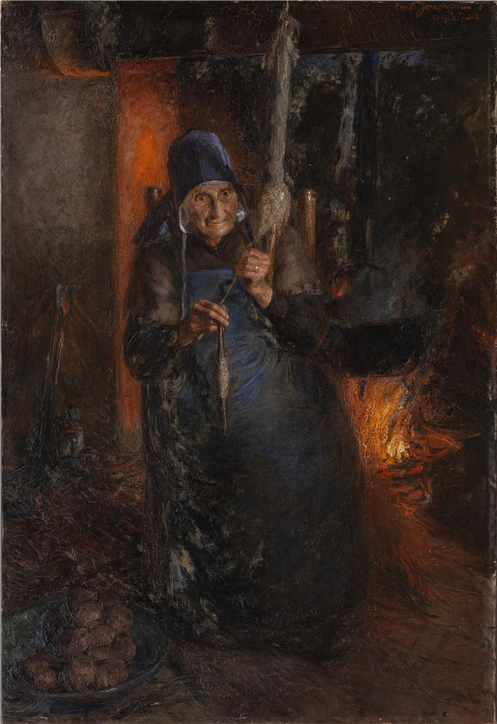 恩斯特·约瑟夫森（Ernst Josephson，瑞典画家）高清作品-《纺纱的老妇人 (1887)》