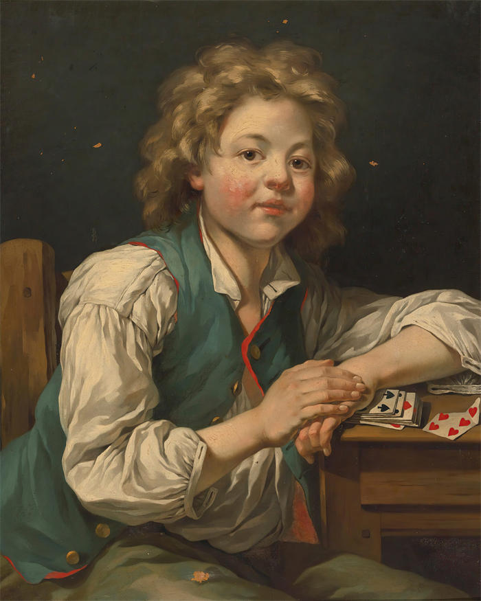 让-巴蒂斯特·夏庞蒂埃（Jean-Baptiste Charpentier，法国画家）作品-一个男孩，坐在一张拿着卡片的桌子旁边
