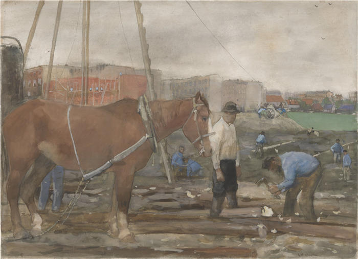 乔治·亨德里克·布莱特纳（George Hendrik Breitner，荷兰画家）作品-Bouwterrein Oud-West te 阿姆斯特丹 (1900)