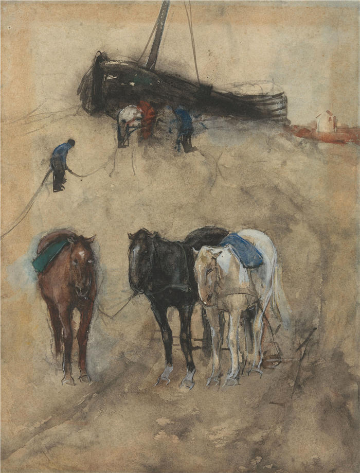 乔治·亨德里克·布莱特纳(George Hendrik Breitner,荷兰画家)作品-海滩上的马,背景是驳船和渔民(约1867年,1923年)