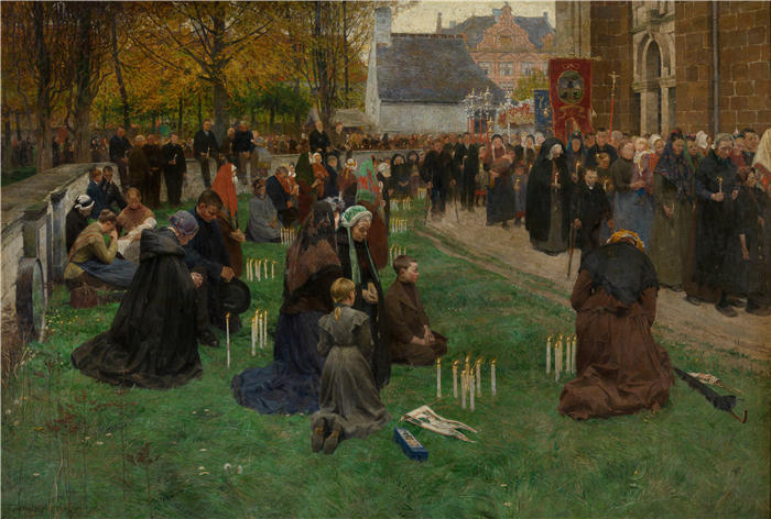 弗兰斯·范·莱姆普滕（Frans Van Leemputten，比利时）作品-朝圣者在教堂周围移动（1903-1905）