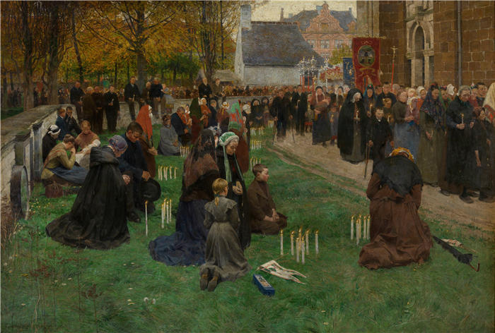 弗兰斯·范·莱姆普滕(Frans Van Leemputten,比利时)作品-朝圣者在教堂周围移动(1903-1905)