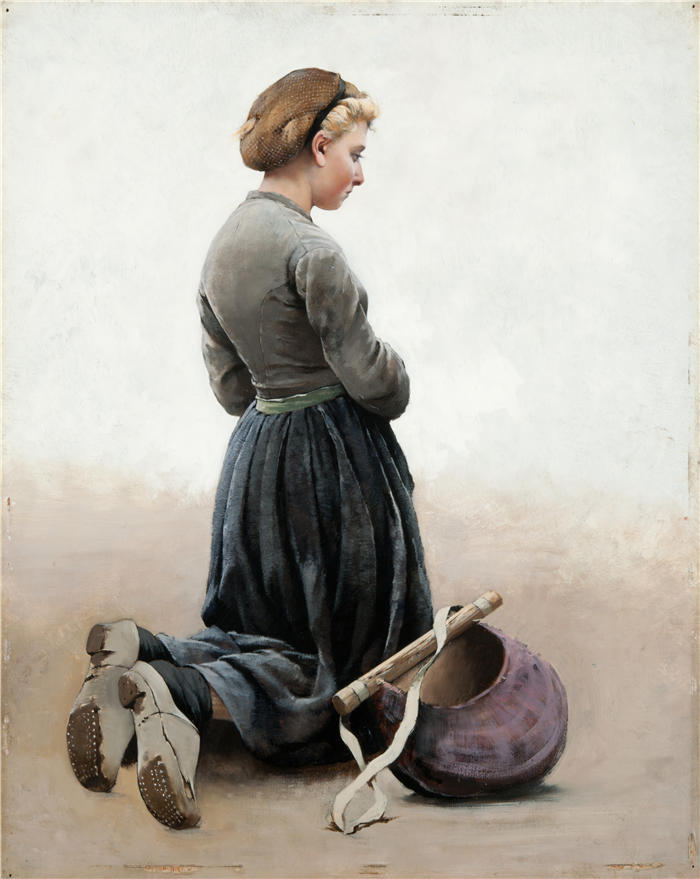 奥古斯特·哈格堡（August Hagborg,瑞典画家 ）作品-《跪着的女孩（1881）》