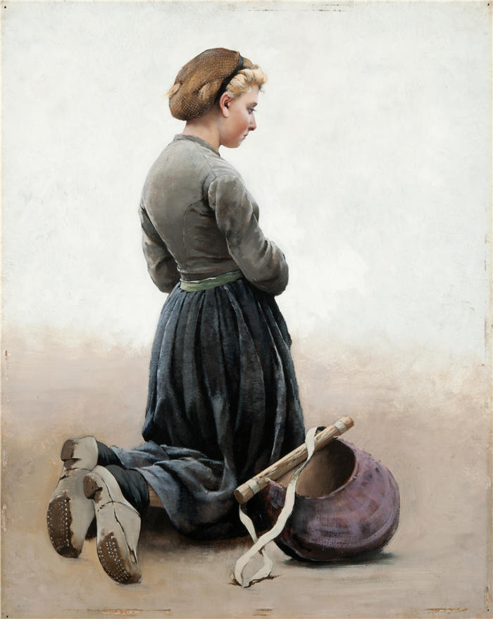 奥古斯特·哈格堡(August Hagborg,瑞典画家 )作品-《跪着的女孩(1881)》