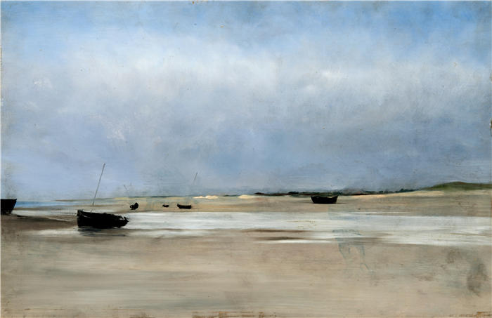 奥古斯特·哈格堡（August Hagborg,瑞典画家 ）作品-《带船的海岸（1881 年）》