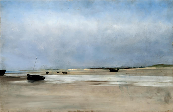 奥古斯特·哈格堡(August Hagborg,瑞典画家 )作品-《带船的海岸(1881 年)》