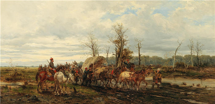 路德维希·格德莱克(Ludwig Gedlek,奥地利画家)作品-乡间小路上的哥萨克