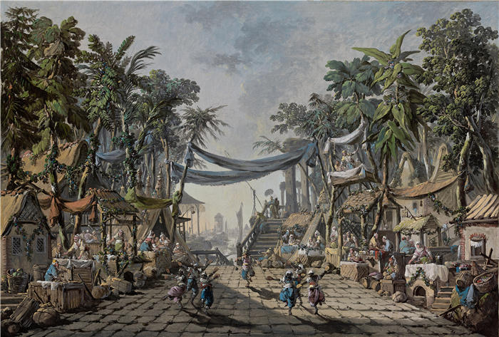 尚·巴蒂斯特·皮内蒙（Jean-Baptiste Pillement，法国画家）作品-想象中的东方港口的市场场景（约 1764 年）