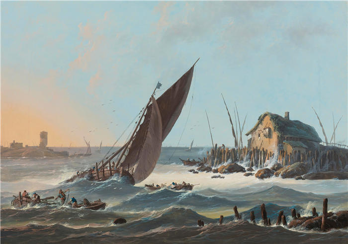尚·巴蒂斯特·皮内蒙(Jean-Baptiste Pillement,法国画家)作品-葡萄牙塔霍河的景色,在波涛汹涌的海面上有船只和小船