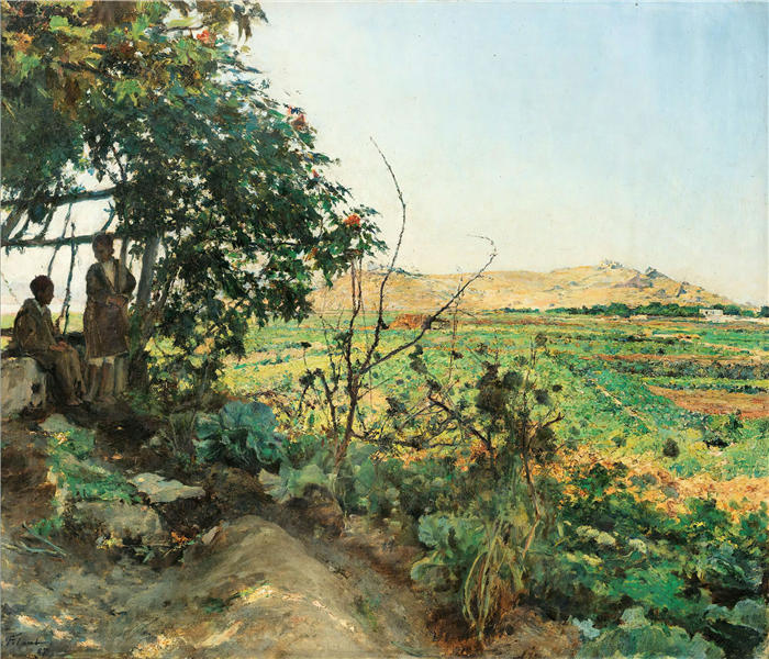 埃米尔·弗里安特（Émile Friant，法国画家）作品-《突尼斯郊区的风景（1887 年）》