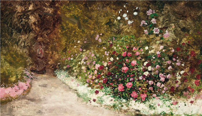 安托万·爱德华·约瑟夫·穆利内（Antoine Edouard Joseph Moulinet，法国画家）作品-在花园里散步