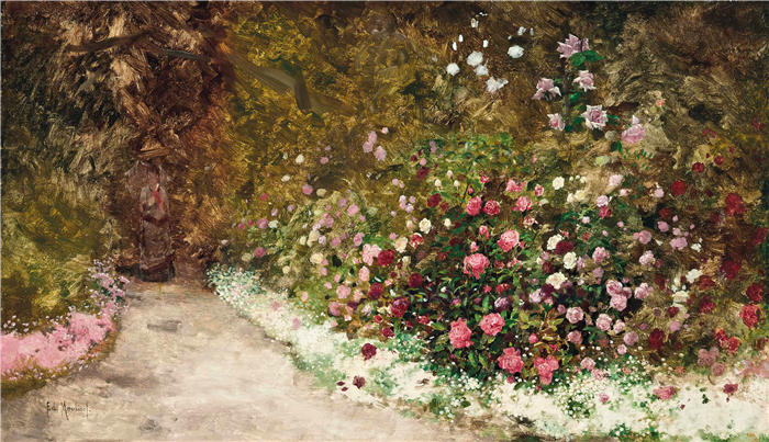 安托万·爱德华·约瑟夫·穆利内(Antoine Edouard Joseph Moulinet,法国画家)作品-在花园里散步