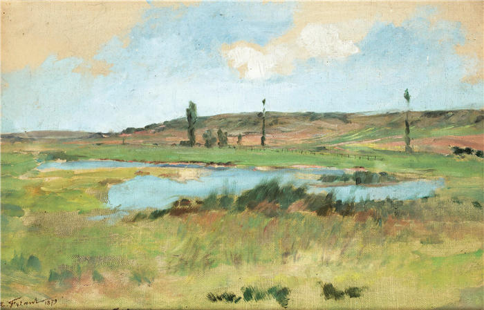 埃米尔·弗里安特（Émile Friant，法国画家）作品-《带池塘的风景（1879 年）》