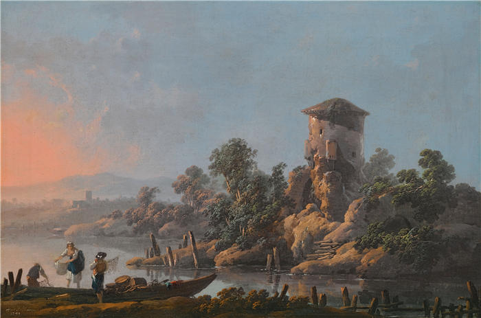 尚·巴蒂斯特·皮内蒙（Jean-Baptiste Pillement，法国画家）作品-一幅河流景观，前景是一座被摧毁的塔和渔夫们带着渔网（1791年）