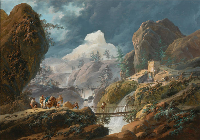 尚·巴蒂斯特·皮内蒙（Jean-Baptiste Pillement，法国画家）作品-有两条脚桥和旅行者的山地景观
