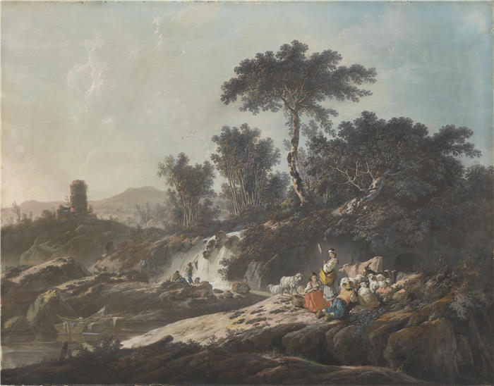 尚·巴蒂斯特·皮内蒙（Jean-Baptiste Pillement，法国画家）作品-牧羊人在溪边休息（1779）