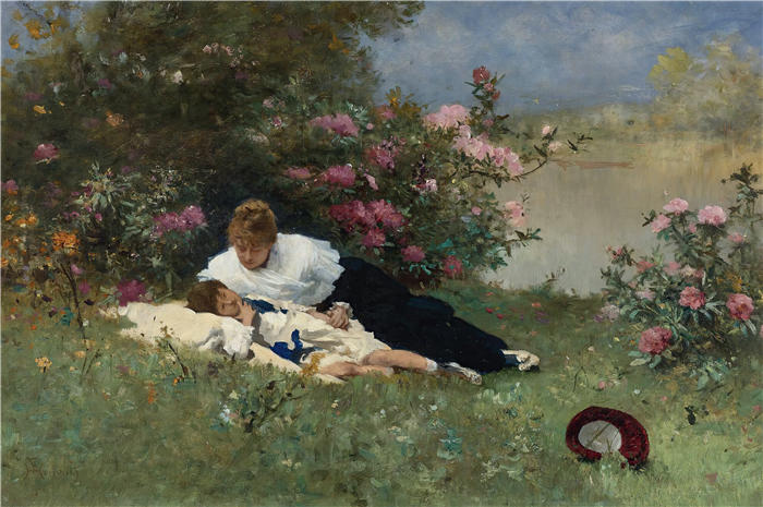 费迪南德·海尔布斯(Ferdinand Heilbuth ,德国,1826-1889 年)作品-花间休息