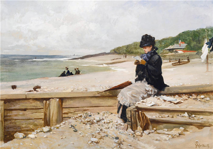 费迪南德·海尔布斯（Ferdinand Heilbuth ，德国，1826-1889 年）作品-在海边读书的女人