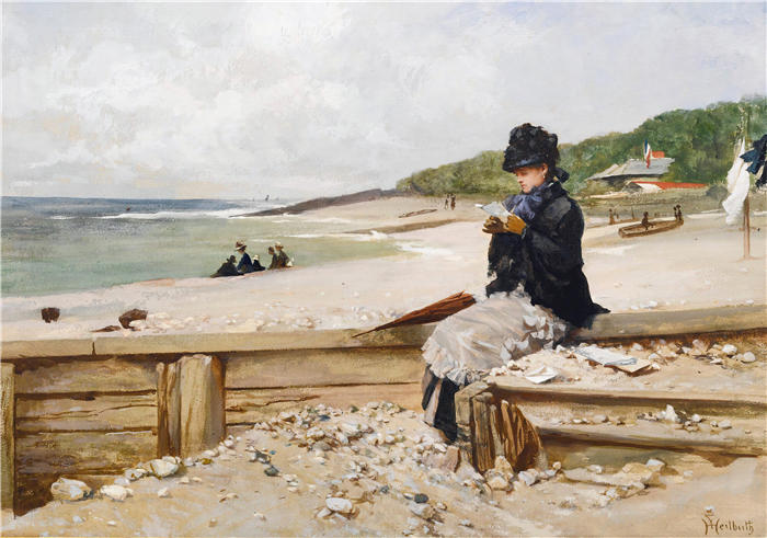 费迪南德·海尔布斯(Ferdinand Heilbuth ,德国,1826-1889 年)作品-在海边读书的女人