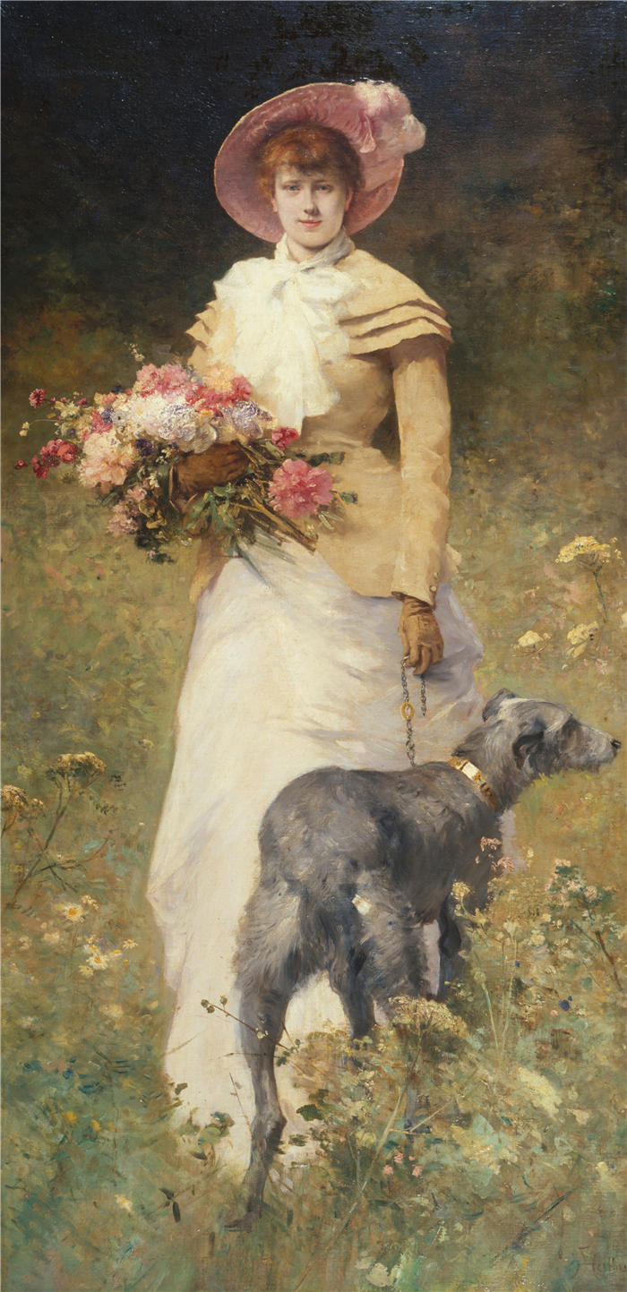 费迪南德·海尔布斯(Ferdinand Heilbuth ,德国,1826-1889 年)作品-早晨,女人对狗说(1880)