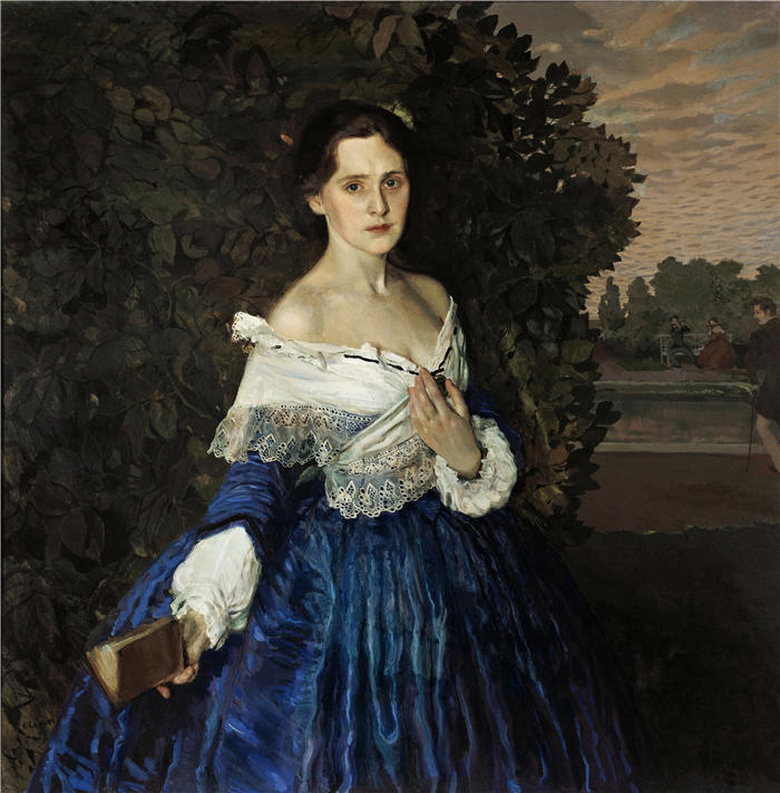 康斯坦丁·安德烈耶维奇·索莫夫（Konstantin Andreevich Somov，俄罗斯）作品-《蓝色的夫人，Ye.M. 的肖像 马丁诺瓦 (C.1898)》