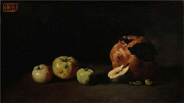 奥古斯丁·泰奥杜勒·里博特（Augustin Théodule Ribot，法国画家 ）作品-《有苹果和石榴的静物画（约 1865 年）》