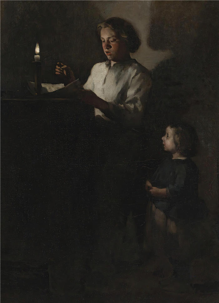 奥古斯丁·泰奥杜勒·里博特（Augustin Théodule Ribot，法国画家 ）作品-《烛光下读书》