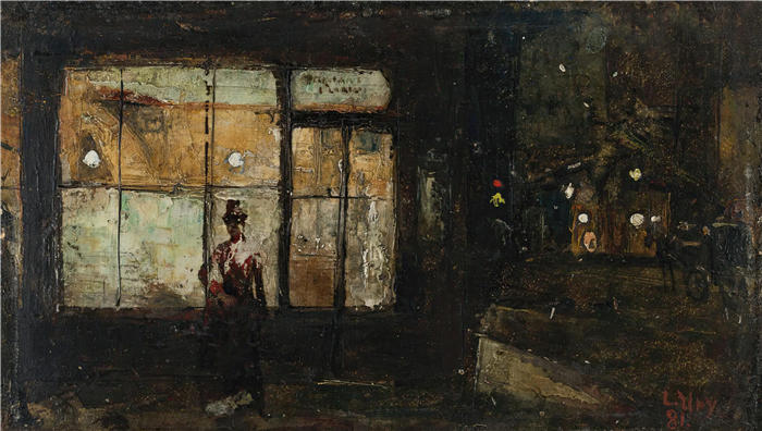 小乌里（Lesser Ury,德国画家）高清作品-《夜间照明的商店橱窗（1881 年）》