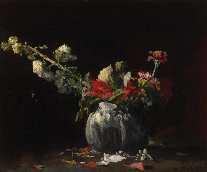 奥古斯丁·泰奥杜勒·里博特（Augustin Théodule Ribot，法国画家 ）作品-《静物与鲜花》