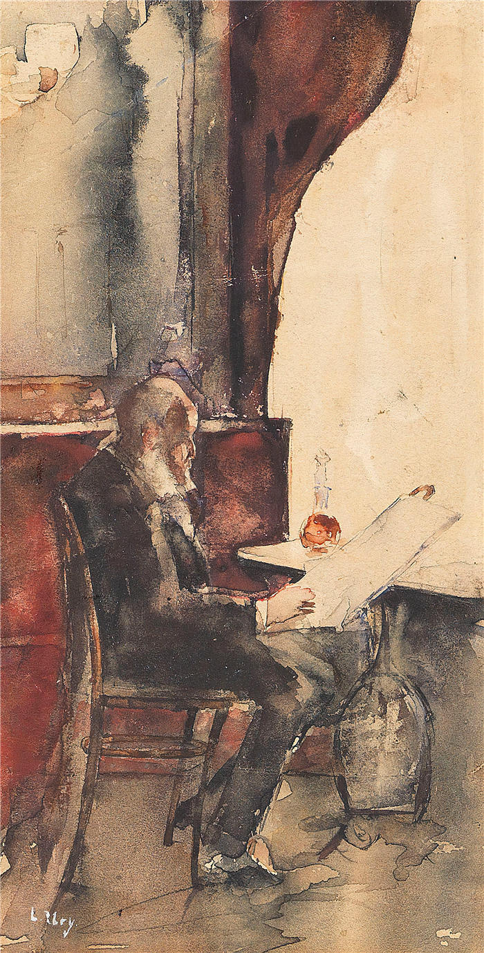 小乌里（Lesser Ury,德国画家）高清作品-《Zeitungsleser im Café (1880)》