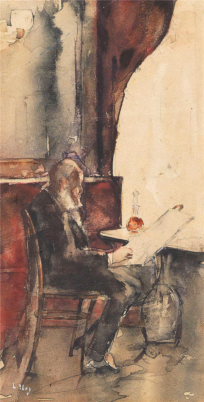 小乌里(Lesser Ury,德国画家)高清作品-《Zeitungsleser im Café (1880)》