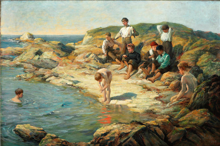 威廉·普拉特 (William Pratt，英国)作品-男孩在岩石海岸游泳（1899 年）