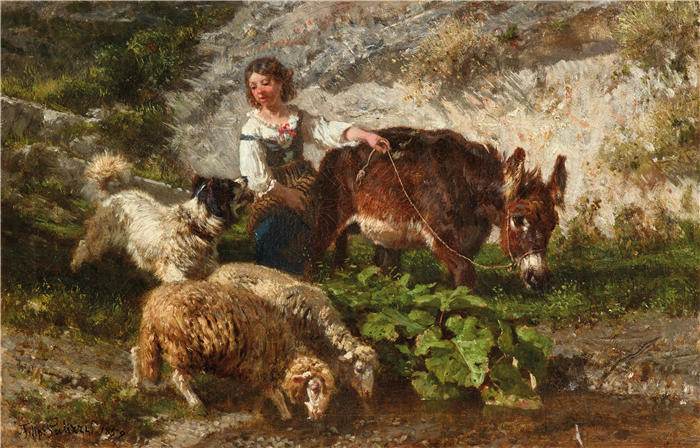 菲利波·帕利齐（Filippo Palizzi，意大利画家）高清作品-《年轻的牧羊女 (1858)》