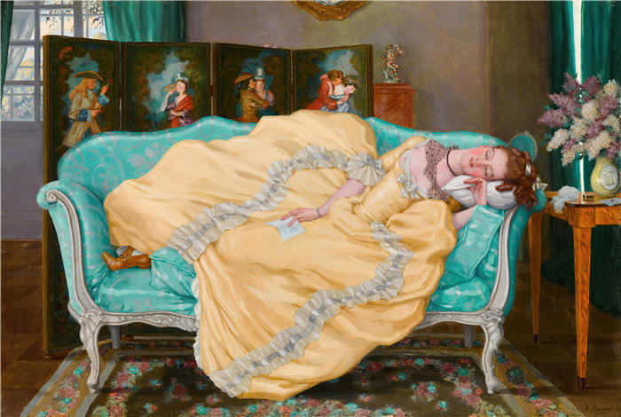 康斯坦丁·安德烈耶维奇·索莫夫（Konstantin Andreevich Somov，俄罗斯）作品-《睡在房间里的女士（1919）》