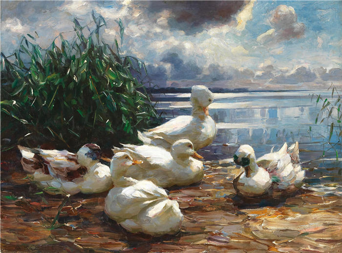 亚历山大·科斯特（Alexander Koester，德国画家）高清作品-《酝酿风暴中基姆湖上的鸭子》