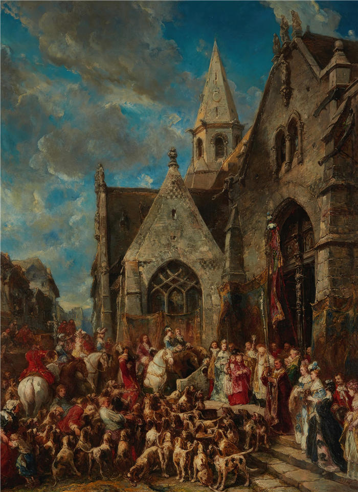 尤金·伊莎贝（Eugène Isabey,法国画家）高清作品-《圣休伯特节（猎犬的祝福）》