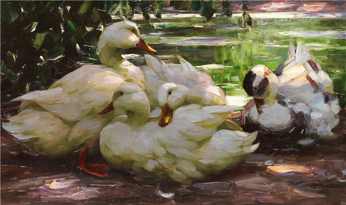 亚历山大·科斯特（Alexander Koester，德国画家）高清作品-《岸上的鸭子（约1910年）》