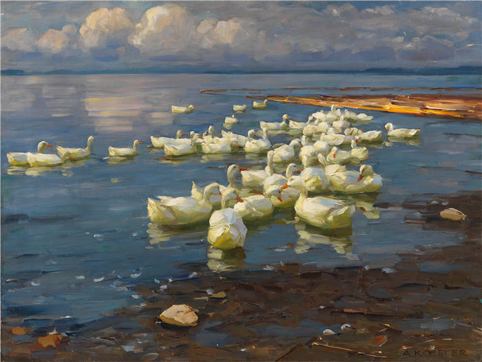 亚历山大·科斯特（Alexander Koester，德国画家）高清作品-《湖中的鸭子（1909-1913）》