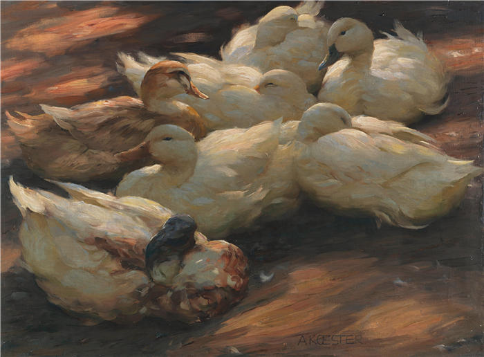 亚历山大·科斯特（Alexander Koester，德国画家）高清作品-《地面上的鸭子（约1905-1908年）》