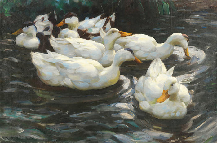 亚历山大·科斯特（Alexander Koester，德国画家）高清作品-《水中有六只鸭子（约1900-1905年）》