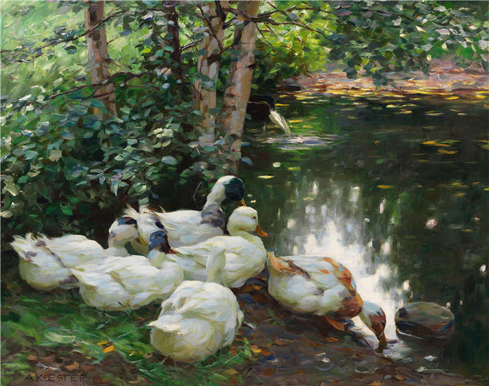 亚历山大·科斯特（Alexander Koester，德国画家）高清作品-《池塘边的六只鸭子（1908）》