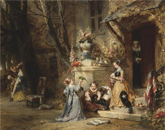 尤金·伊莎贝（Eugène Isabey,法国画家）高清作品-《孩子们在玩最喜欢的宠物（1846 年）》