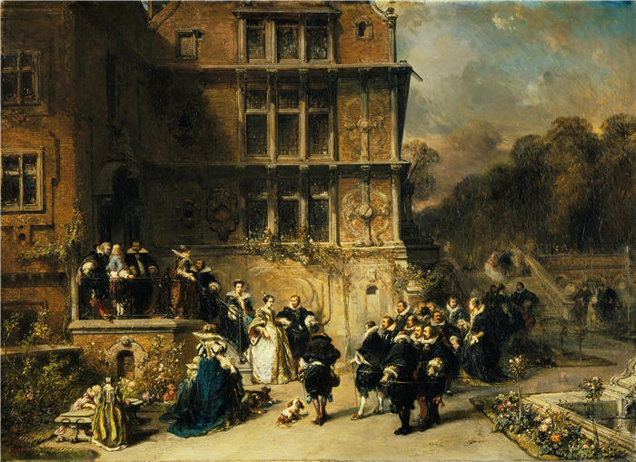 尤金·伊莎贝（Eugène Isabey,法国画家）高清作品-《城堡的宫廷招待会（1851 年）》