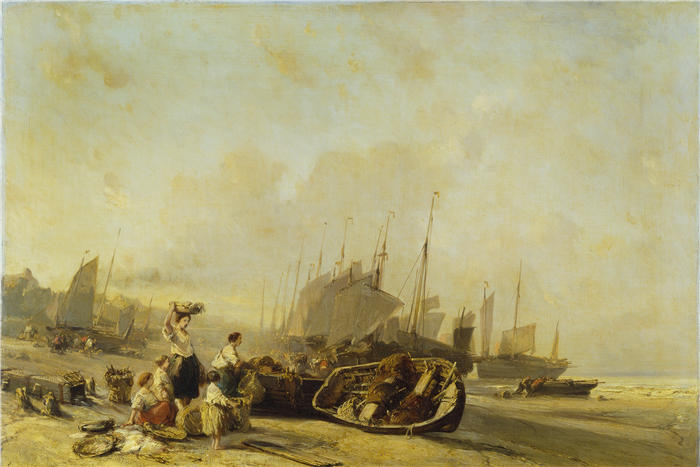 尤金·伊莎贝（Eugène Isabey,法国画家）高清作品-《加莱海岸上的小船（1851 年）》